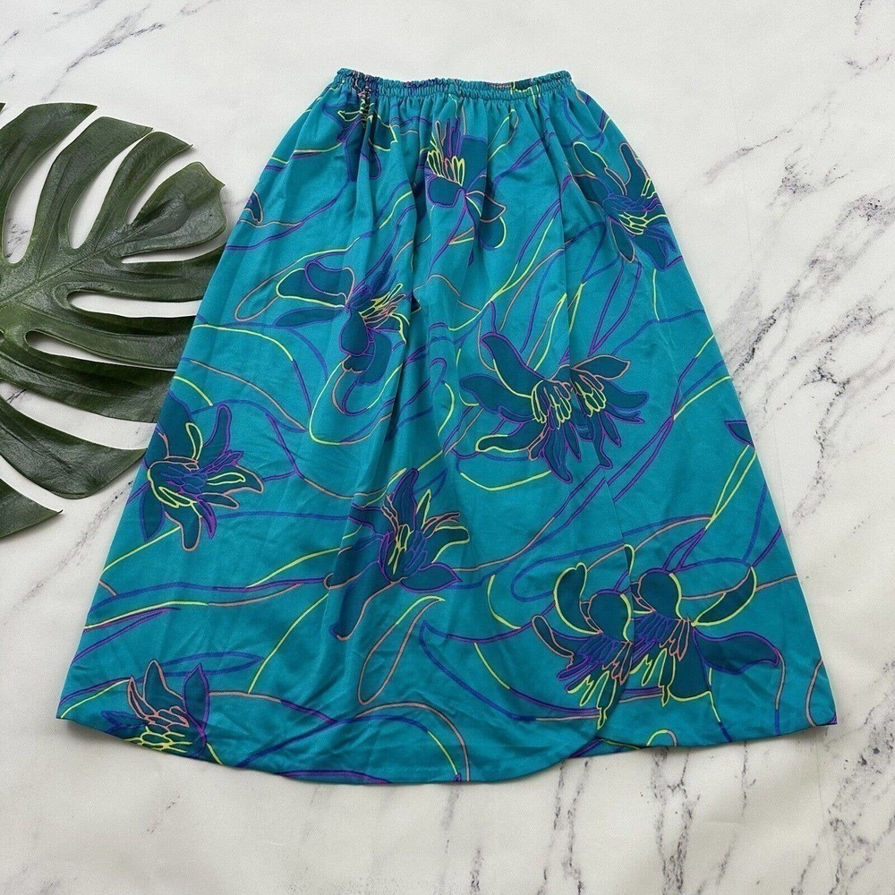 De Weese Design Womens Vintage Midi Skirt Size M Bright Blue Pink Floral Wrap